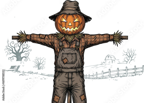 Spooky pumpkin scarecrow guarding a desolate autumn farm landscape