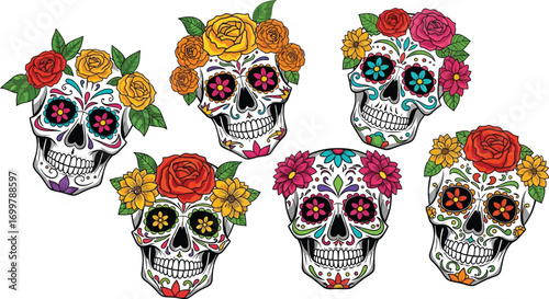 Vibrant sugar skulls adorned with colorful flowers celebrate tradition