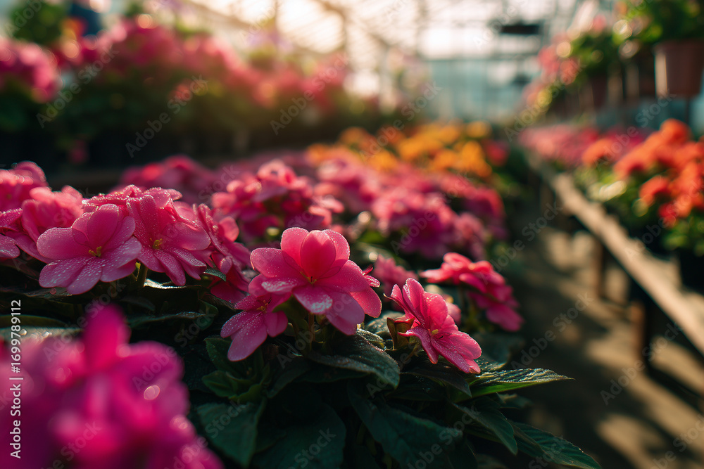 Fototapeta premium Sunlit greenhouse rows of vibrant pink impatiens with dewy petals and soft bokeh - lush potted blooms in warm golden morning light