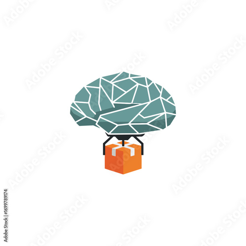 Abstract geometric brain structure suspended above a small orange delivery box by a robotic arm, symbolizing artificial intelligence and logistics.