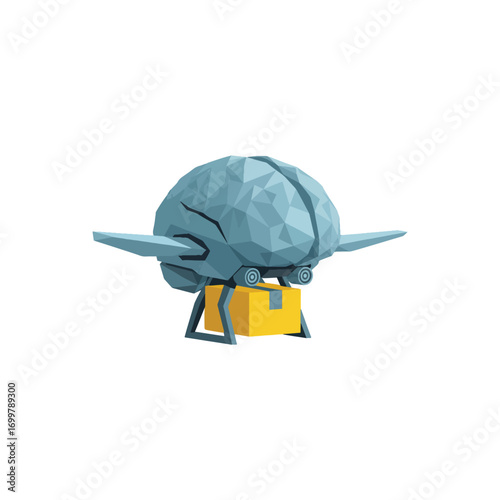 A stylized, low-polygon blue brain with wings is hovering above a yellow delivery box supported by a stand.