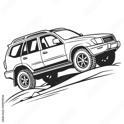 Dynamic monochrome vector illustration of an all-terrain vehicle in action, conquering a challenging uphill unpaved road climb