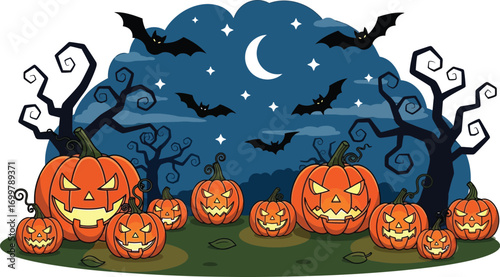 Spooky Halloween night scene with pumpkins and bats