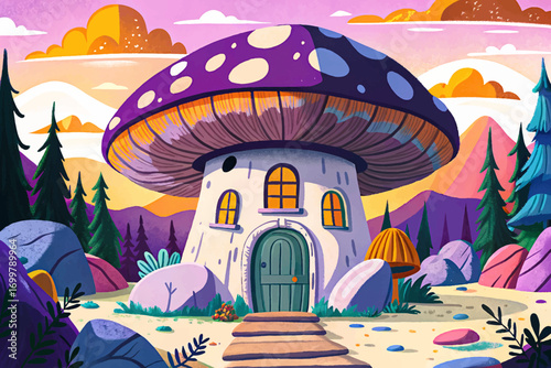 Cabin shaped like giant mushroom, whimsical design in forest clearing, fantasy-inspired natural retreat