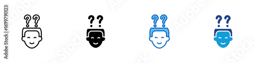 Question Thinking Multiple Style Icon Sheet Design Vector - Human head with two question marks above, symbolizing doubt, brainstorming, or curiosity