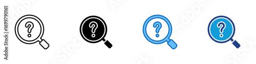 Search Question Multiple Style Icon Sheet Design Vector - Magnifying glass with question mark inside, representing search, inquiry, or investigation