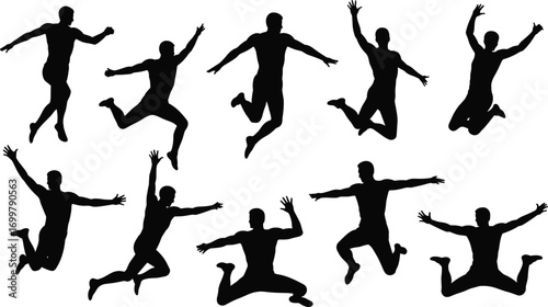 Jumping man silhouettes in various dynamic poses, energetic male figures, fitness, celebration, freedom, active lifestyle, movement, exercise, jumping action, fitness motivation