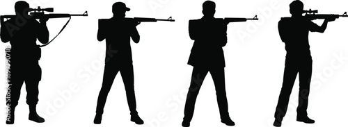 Military soldier silhouettes aiming rifles, tactical combat poses, armed forces figures, army snipers, weapon handling, defense training, security personnel, warfare