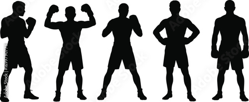Boxer silhouettes set, fighting poses, boxing gloves, male athletes, combat sport figures, fitness training, muscle body shapes, active men