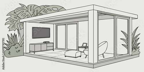 Modern Architectural Glass House Design with Interior Living Space and Lush Greenery