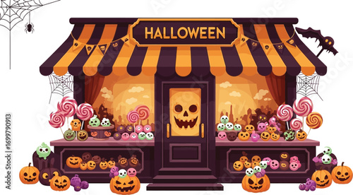 Spooky Halloween candy shop with pumpkins, skulls, and lollipops
