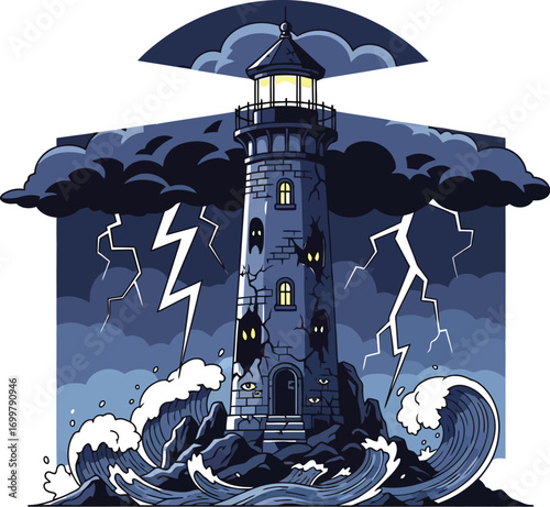Haunted lighthouse battered by storm waves and lightning strikes