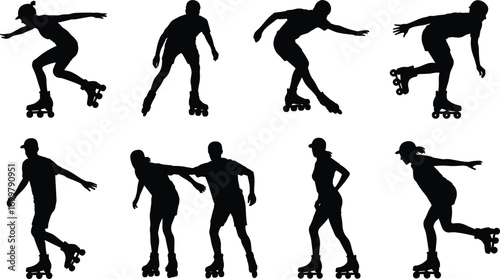 Roller skating silhouettes, people skating on roller skates, outdoor activity, sport exercise, fun fitness, urban lifestyle, movement, skating poses, active recreation