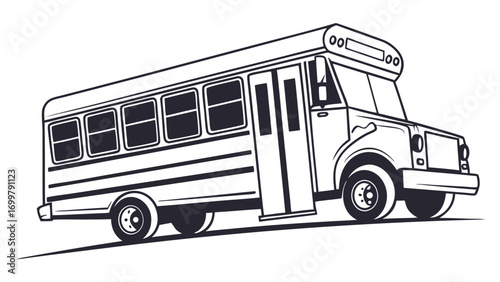 Classic-style line art illustration of a school bus, depicting daily educational travel and public transportation for students, ideal for design projects