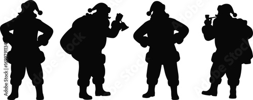 Santa Claus silhouettes standing and holding bag, ringing bell and smoking pipe, Christmas holiday vector icons isolated black