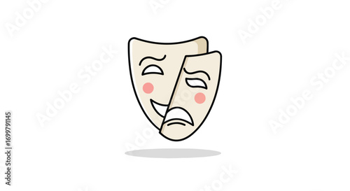 Duality of emotions concept, depicting a theatrical mask split between joy and sorrow in simple design style