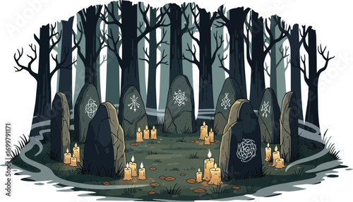 Mysterious ancient stones glow with mystic symbols in dark forest