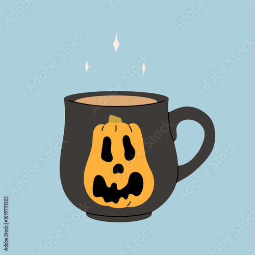 Cute kawaii halloween pumpkin mug with hot drink for kids and design. Pumpkin latte in a beautiful mug with marshmallow. Vector stock illustration on a blue background.