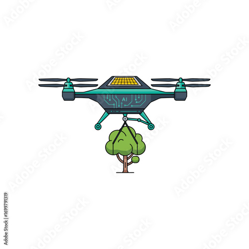 Drone delivering payload to a small tree.