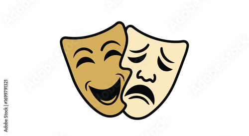 Dual expression drama masks symbolizing emotional spectrum of theater and the human condition reflecting joy and sorrow for illustrative and