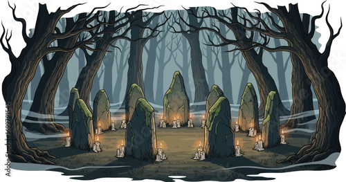 Ancient standing stones arranged in a mystical circle, illuminated by flickering candles in a dark, atmospheric forest clearing.