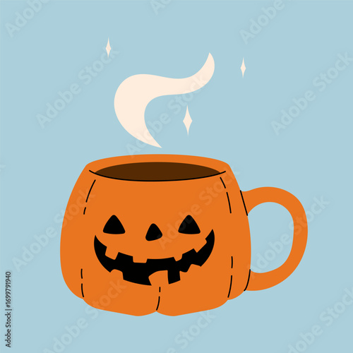 Cute kawaii halloween pumpkin mug with hot drink for kids and design. Pumpkin latte in a beautiful mug with marshmallow. Vector stock illustration on a blue background.