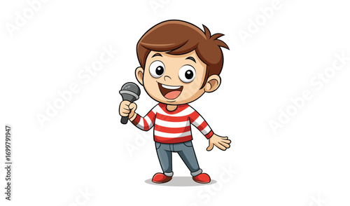 Happy boy singing with microphone cartoon character