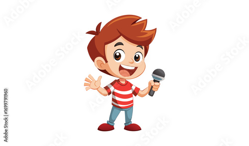 Happy cartoon boy holding microphone waving hand