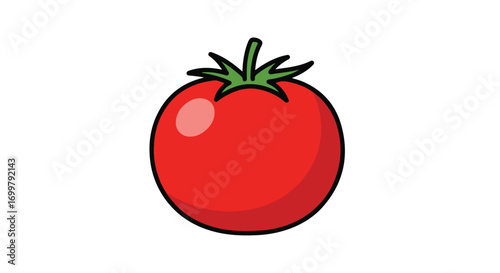 Charming cartoon illustration of a ripe red tomato with vibrant green stem and leaves against pure white backdrop