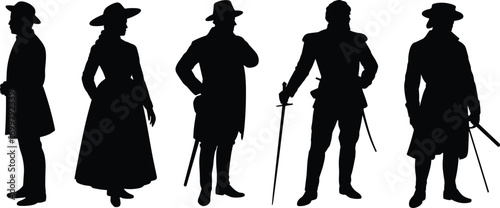 Silhouettes of people in vintage historical costumes, old-fashioned attire, period clothing, classic hats, swords, retro fashion, elegant dress, historical reenactment, vintage style,