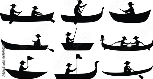 Silhouettes of people rowing boats, canoeing and paddling in different positions, perfect for travel, adventure, fishing and outdoor vector design
