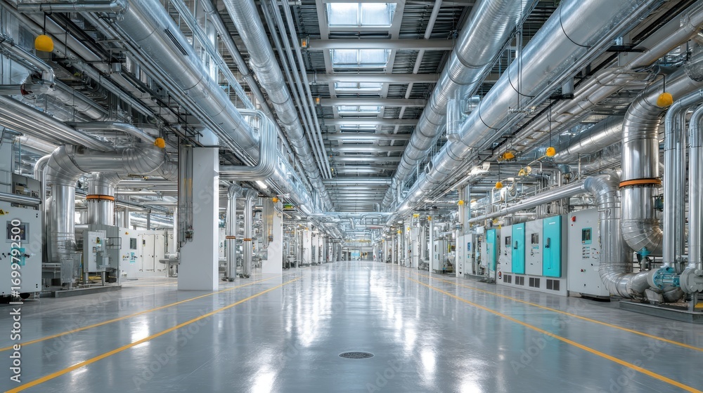 Fototapeta premium Industrial Interior: Factory, Piping, Manufacturing, Technology