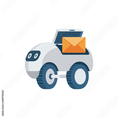 An autonomous delivery robot carrying a mail envelope in its open compartment.