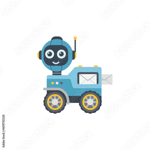 A friendly blue robot with an antenna and wheels delivers mail from a compartment, representing automated postal service.