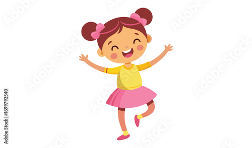 Joyful cartoon girl with pigtails dancing and cheering