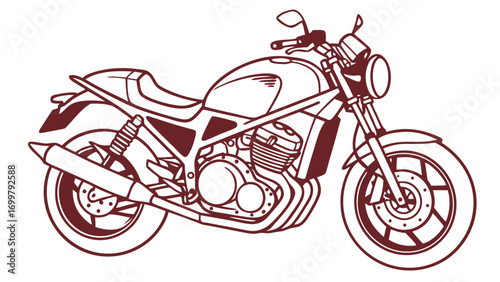 Vintage classic motorcycle line art illustration, depicting a stylish cafe racer design with detailed mechanical elements, perfect for transport and retro vehicle themes