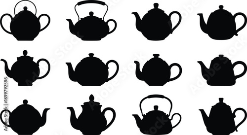 Teapot silhouette set, vintage kettle vector, tea pot black shape, classic kitchen utensil design, retro tea kettle, traditional teapot illustration
