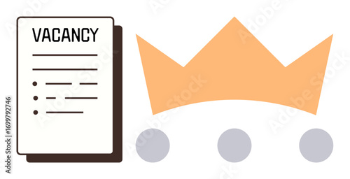 Document labeled vacancy next to a crown and dots indicating leadership, hiring, and premium positions. Ideal for career search, recruitment, executive roles, opportunities, business goals