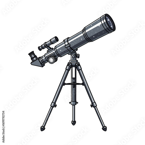 Vintage style astronomical telescope on a tripod, detailed illustration.