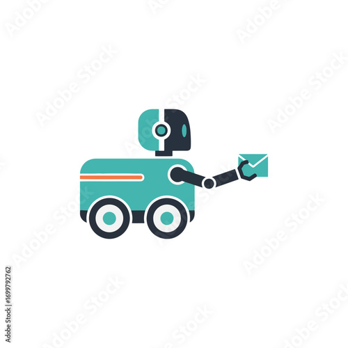 A stylized illustration of a delivery robot holding an envelope, on a white background.