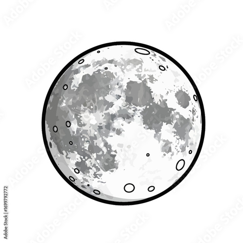 Detailed grayscale illustration of the moon's surface.