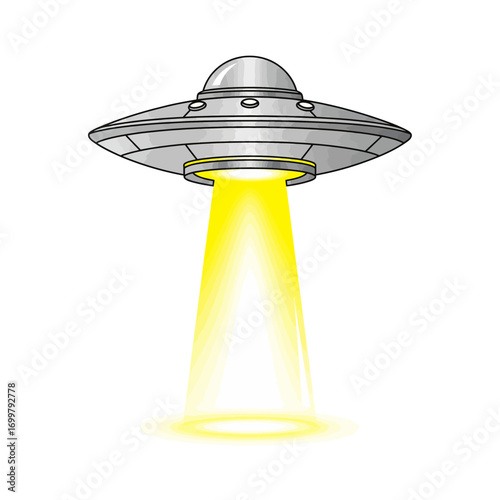 A classic silver flying saucer with a bright yellow beam of light emanating from its underside, set against a white background.