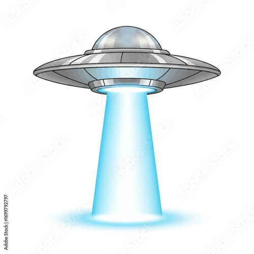 Illustration of a silver UFO with a bright blue light beam shining downwards, isolated on white.