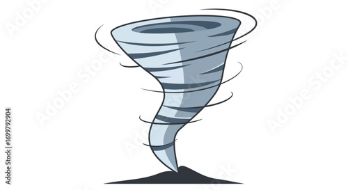 Stylized depiction of a swirling tornado touching down, showcasing wind currents and atmospheric turbulence in a cartoon style illustration