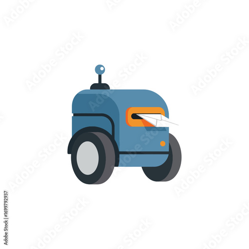 A stylized illustration of a robotic mail delivery vehicle dispensing a letter.
