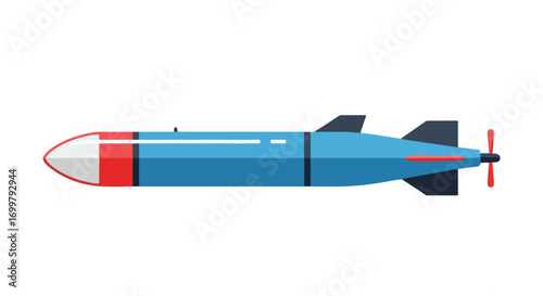 Illustrative design of a blue torpedo with red and white accents against a clean background showcasing modern naval technology