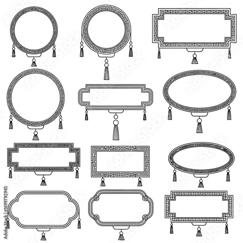 A collection of twelve ornate Asian-style decorative frames with tassels in various shapes, presented as black and white vector illustrations.