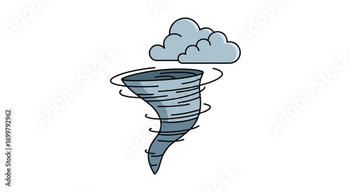 Stylized tornado illustration with swirling winds and storm clouds above, a simple yet powerful depiction of severe weather conditions and