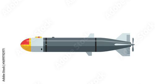 Isolated illustrative representation of a naval torpedo against a clean white backdrop conveying precision and power with minimalist design