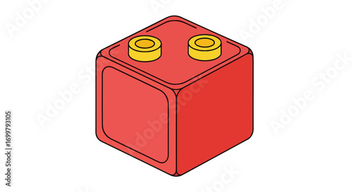Isometric Illustration of a Red Building Block with Two Yellow Pins on a White Background for Creative Projects